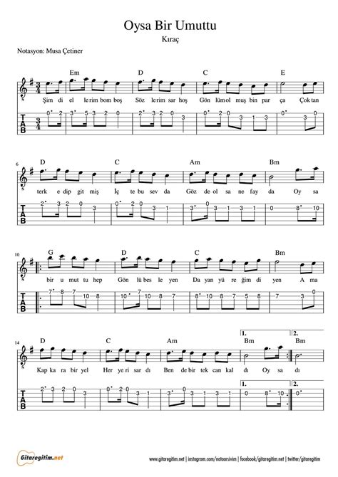 Oysa Bir Umuttu Nota Tab ». 