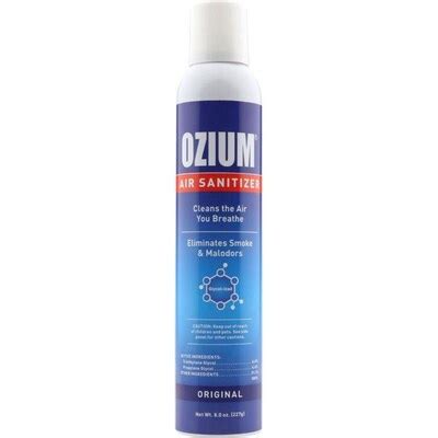 Ozium lowes. Ozium air sanitizer. Cleans the air you breath. Eliminates odors caused by airborne bacteria. Made in USA. It is a violation of Federal Law to use this product in a manner inconsistent with its labeling. Shake well. Spray for one second toward center of room away from drapes, walls, plastic, vinyl, painted or varnished surfaces, etc. to ... 