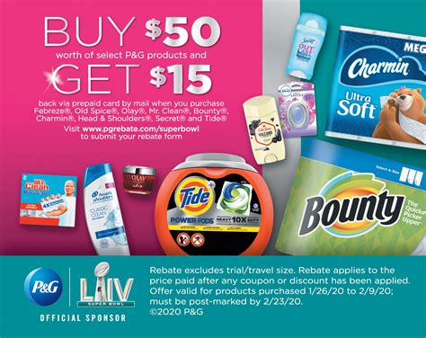 P and g rebate. Take a survey for a free sweepstakes entry, 25 points + a cause donation. ENTER SWEEPSTAKES. HOLIDAY SAVINGS REBATE. Shop P&G & Save for the Holidays. Get $15 back when you spend $50 or $5 back when you spend $20 on select P&G products via a prepaid Visa card! 