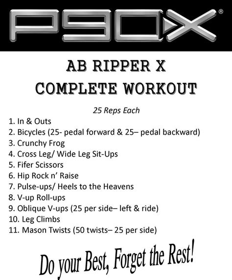 P90 ab ripper x. Aug 10, 2022 · The Ab Ripper workout is a series of exercises that targets your abs and core. It’s a challenging workout, but it’s worth the effort. The Ab Ripper workout is a part of the P90x DVD fitness program. The program includes 12 extreme workouts that will help you get in shape fast. The Ab Ripper workout is a 15-minute workout that consists of 17 ... 