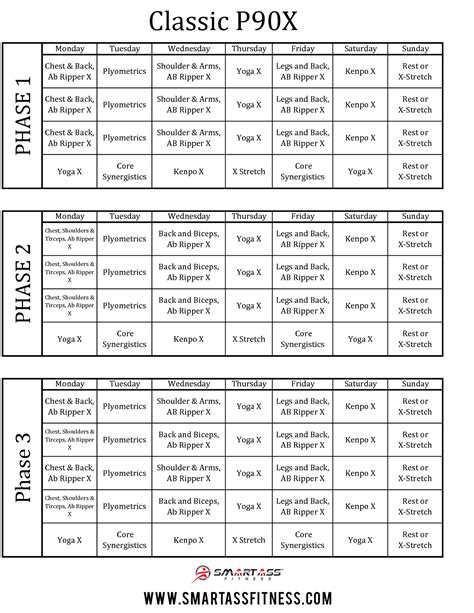P90x timetable. The Complete P90x2 Schedule. The p90x2 Workout schedule is made up of 3 phases. The foundation phase, the strength phase, and the performance phase. Below we outline what exercises are entailed in each phase. Phase 1- The Foundation. Day 1-X2 Core; Day2- Plyocide; Day 3- Rest or X2 Recovery + Mobility; Day4- x2 Total Body & X2 Ab Ripper; … 