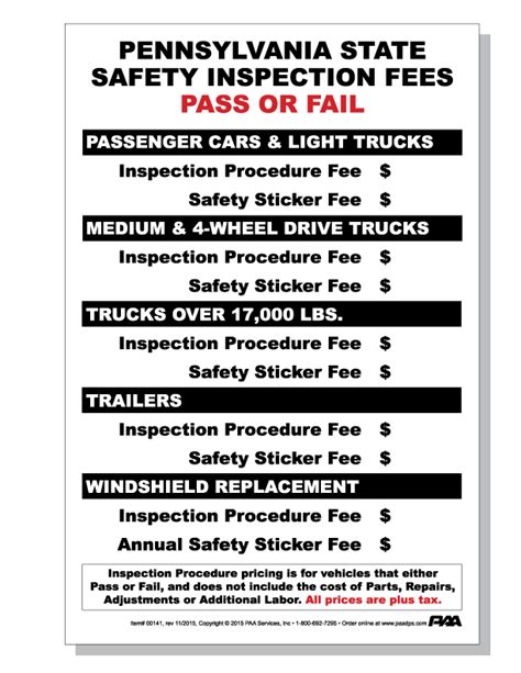 PA State Safety Inspection Fee Sign