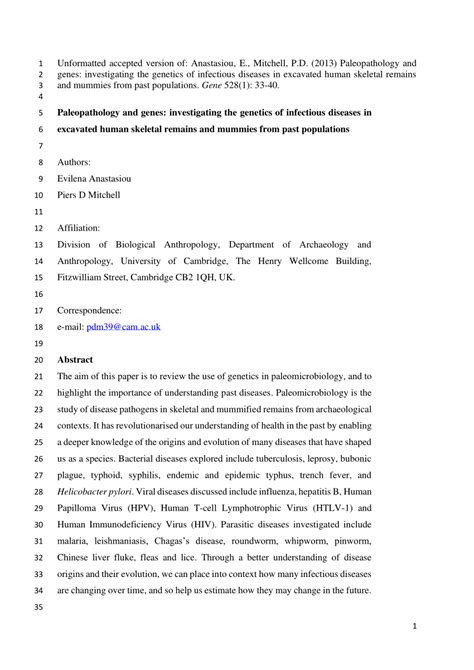 Palaeopathology and genes: investigating the genetics of infectious ... - wintechmobiles.com