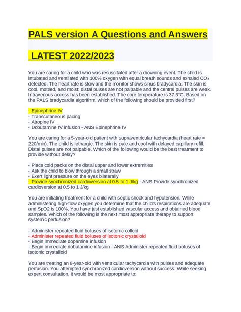 PALS version A Questions and Answers Exams Nursing Docsity