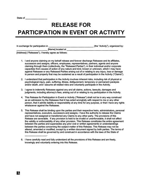 PARTICIPANT RELEASE AND LIABILITY WAIVER FORM