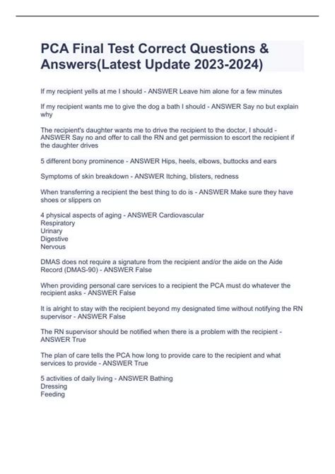 PCA Final Test Correct Questions and Answers(Latest Update )PCA Final