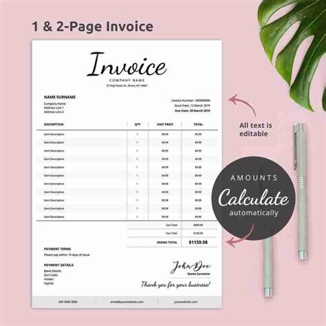 PDF Invoice Template AutoCalculation Editable Business Admin