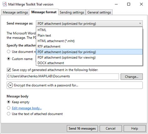 PDF attachments and message body text in Mail Merge …