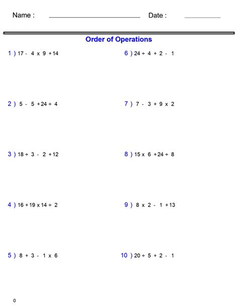 PEMDAS Problems Order of Operations Worksheets Add Subtract Multiply