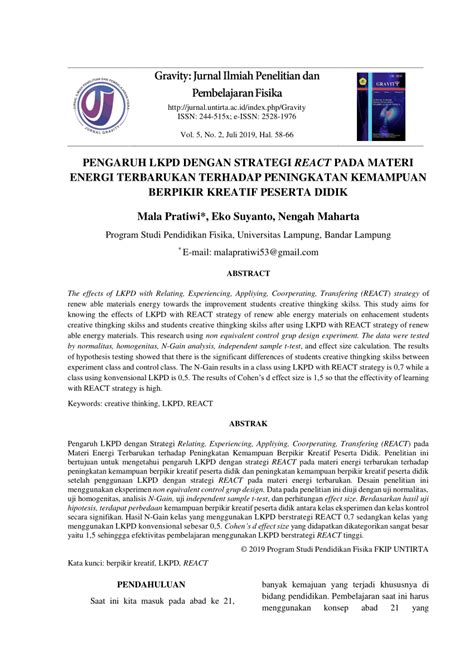 Pengaruh Berpikir Metaforik Berbasis Strategi REACT Terhadap Hasil ... - coolestguyplanet.net
