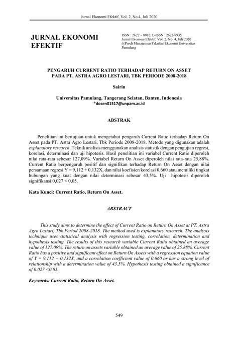 PENGARUH CURRENT RATIO TERHADAP RETURN ON ASSET PADA PT. ASTRA AGRO ...