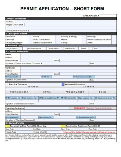 PERMIT APPLICATION – SHORT FORM