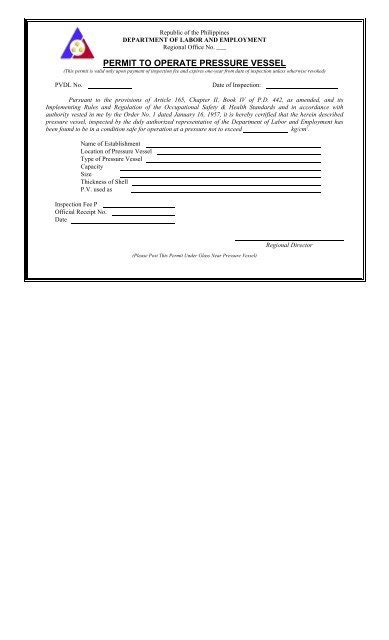 PERMIT TO OPERATE PRESSURE VESSEL - Department of Labor …