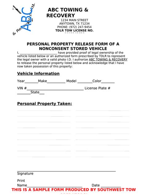PERSONAL PROPERTY RELEASE OF A Doc Template pdfFiller