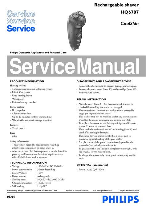 PHILIPS COOLSKIN HQ6707 SERVICE MANUAL Pdf Download