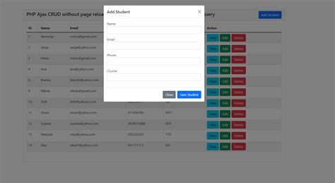 PHP Ajax CRUD without page reload with Bootstrap Modal (Pop up box