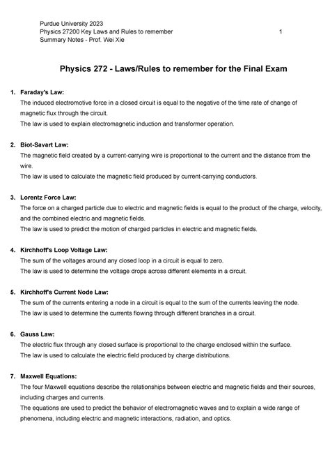 PHYS27200 Summary Notes on Laws and Rules 2024 - Studocu