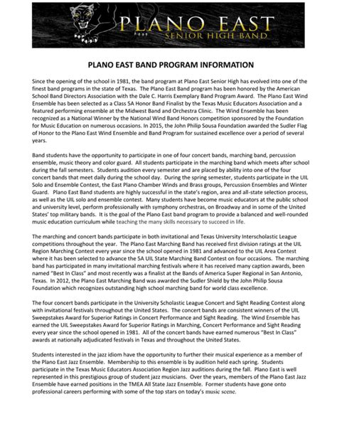 PLANO EAST BAND PROGRAM INFORMATION