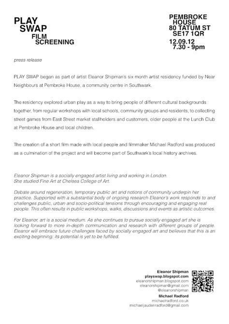 PLAY SWAP WEDNESDAY FILM SCREENING and Press Release