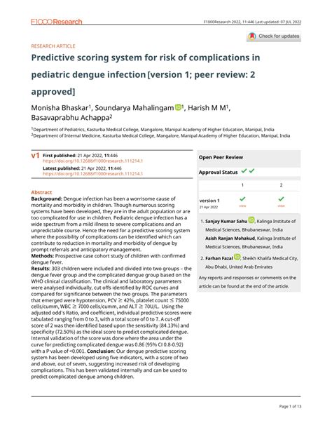 Predictive scoring system for risk of complications in pediatric dengue ... - coolestguyplanet.net