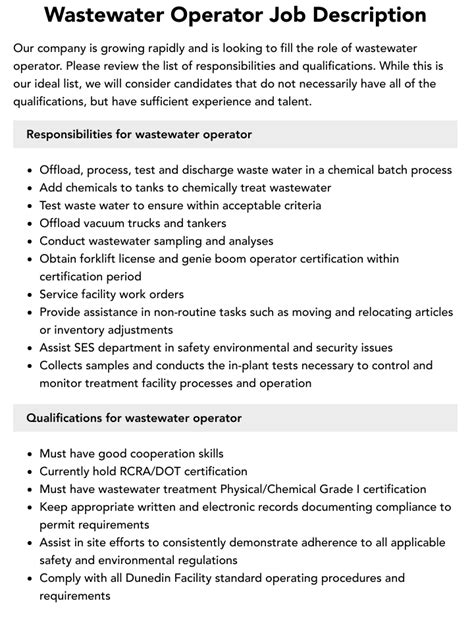 Professional Wastewater Treatment Plant Operator Job Description ... - raincitystudios.com