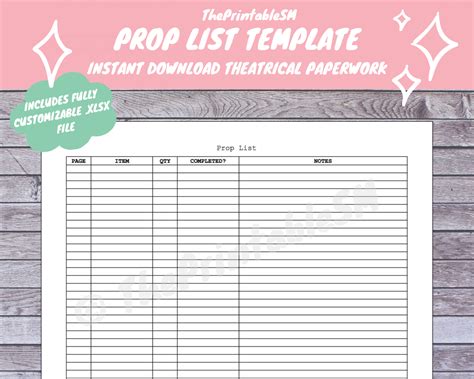 PROP LIST TEMPLATE designed by a stage manager,... The Printable