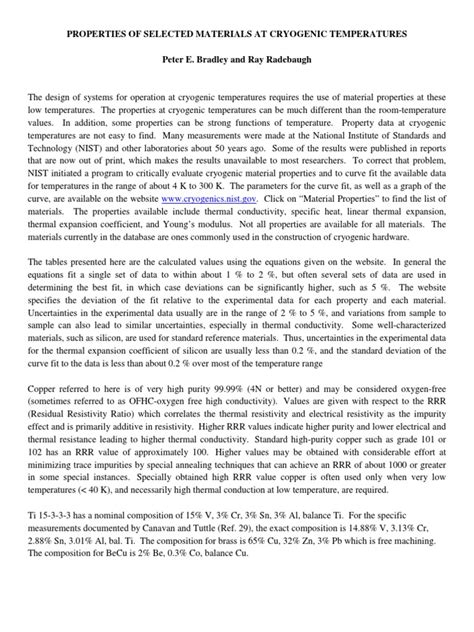 PROPERTIES OF SELECTED MATERIALS AT CRYOGENIC TEMPERATURES - wintechmobiles.com