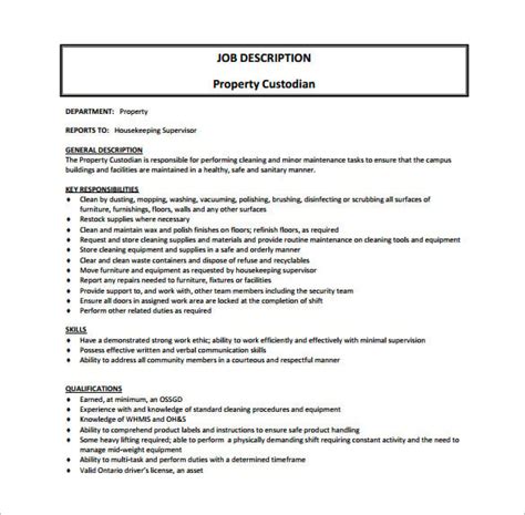 PROPERTY CUSTODIAN - Job Description