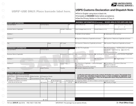 PS Form 2976R Download Printable PDF or Fill Online USPS Customs