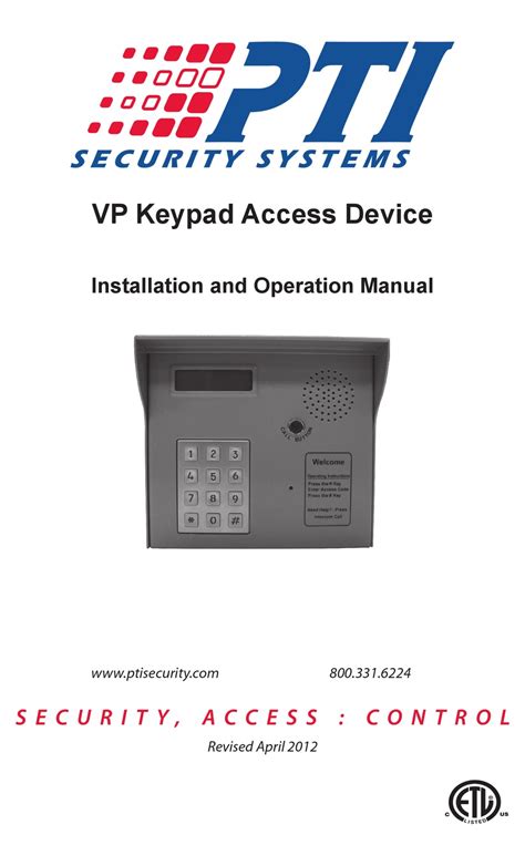 PTI VP Keypad Installation and operation manual PDF …