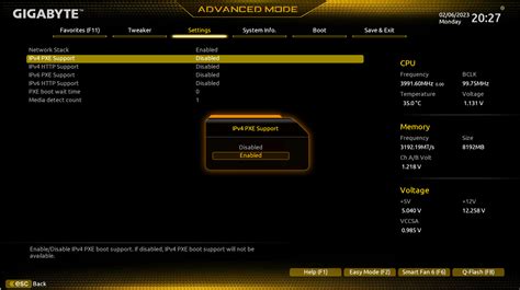 PXE Boot Configuration in modern Gigabyte BIOS