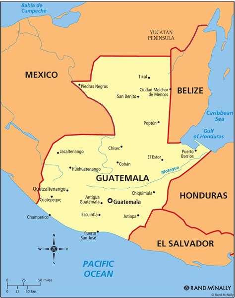 Países de guatemala. Geografía Guatemala es un país en América Central en la costa del Pacífico y una estrecha franja en el Mar Caribe. La Tierra tiene un área total de 108.890 km² y una costa total de 400 km. Esta área es aproximadamente 125% del tamaño de Andalucía. Esto convierte a Guatemala en el 20° país en las Américas, y en el 107° del mundo. 