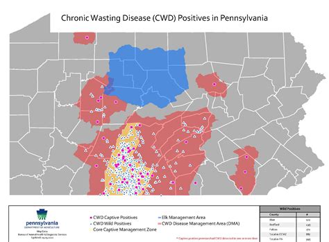 Pa cwd map 2023. Chronic wasting disease is a disease of the brain and nervous system in the deer family (Cervidae). It has been found in the following free-ranging cervids: elk, moose, mule deer, reindeer and white-tailed deer. This malady is classified as a transmissible spongiform encephalopathy and attacks the brain of cervids, producing small lesions that ... 