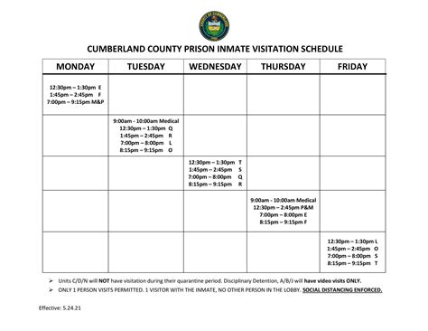 Pa inmate visitation scheduler. Visitation for RHU-Pod shall be on Mondays and Fridays, beginning at 6 pm and ending at 9:30 pm. Visitation for Medical shall be on Mondays and Fridays, beginning at 6 pm and ending at 9:30 pm. ** Inmates on Handcuff Restriction or Protective Custody will have their visitations from 5:15-5:45pm on that housing pods respective visitation days. 