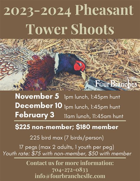 Pheasant & Quail Stamp required. Chukar partridge, Hungarian partridge, Pheasant Nov. 11, 2023 at 8 a.m.-Feb. 19, 2024 Closed Dec. 4-9 & 13, 2023 Nov. 11 only: 8 a.m. - ½ hr after sunset. All other dates: Sunrise - ½ hr after sunset 7 partridge, 2 pheasant See Pheasant Stocking schedule on page 55. Youth Upland Bird Day Pheasant. 