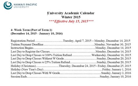 Pacific University Academic Calendar