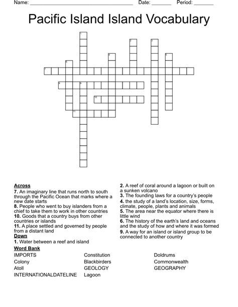 Pacific island nation crossword clue. The Crossword Solver found 30 answers to "small island nation in the south pacific ocean (4)", 4 letters crossword clue. The Crossword Solver finds answers to classic crosswords and cryptic crossword puzzles. Enter the length or pattern for better results. Click the answer to find similar crossword clues . Enter a Crossword Clue. 