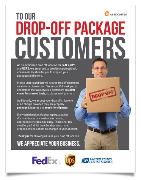 Package drop off. Where can I drop off FedEx returns? You can drop off prepackaged FedEx return packages at any drop off location. Visit a participating retail location below. For help packing or creating a shipping label, visit a FedEx Office, FedEx Office at Walmart, FedEx Authorized Ship Center, Office Depot or Office Max. 