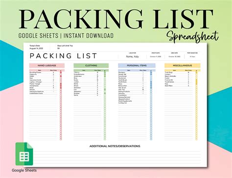 Packing Template Google Sheets