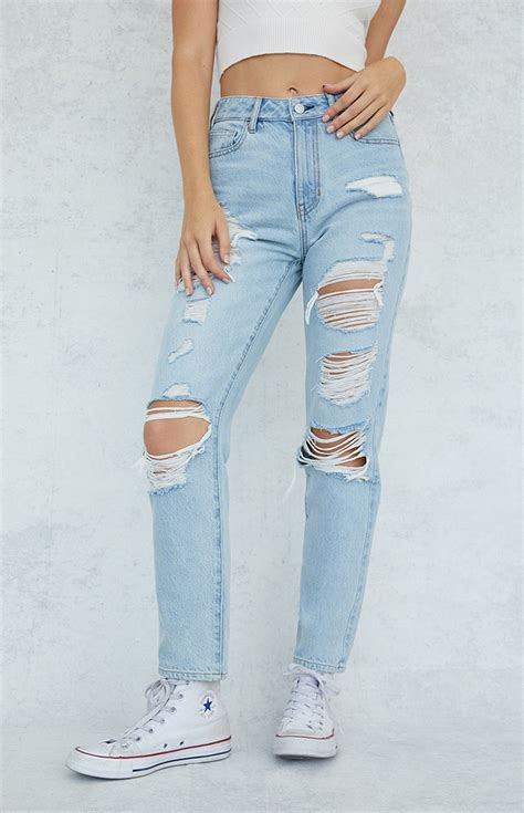 Details. PacSun keeps you looking fresh and on-trend this season in the new Light Blue Ripped High Waisted Straight Leg Jeans. These classic high-rise jeans come in a light blue wash and feature ripped details throughout, a frayed hem, and a flattering straight leg fit.