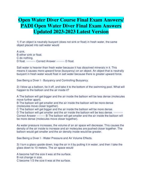 Padi Open Water Diver Course Final Exam B Answers