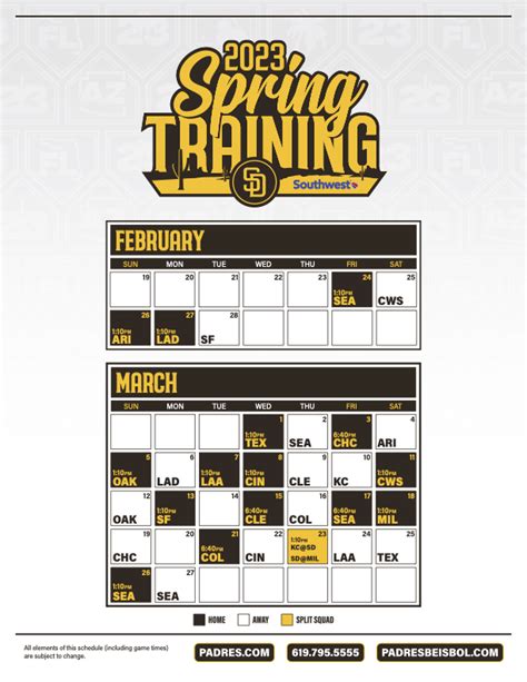 SS = split squad. All times local. This is a tentative San Diego Padres 2023 spring training schedule, subject to changes and additions. The San Diego Padres share Peoria Stadium with the Seattle Mariners. After a lease extension, the Padres committed to 25 years more years training at Peoria Stadium. Many changes were unveiled before spring ....