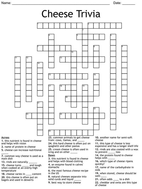 Paese cheese crossword puzzle clue. The Crossword Solver found 30 answers to "say 'cheese'", 4 letters crossword clue. The Crossword Solver finds answers to classic crosswords and cryptic crossword puzzles. Enter the length or pattern for better results. Click the answer to find similar crossword clues . Enter a Crossword Clue. 