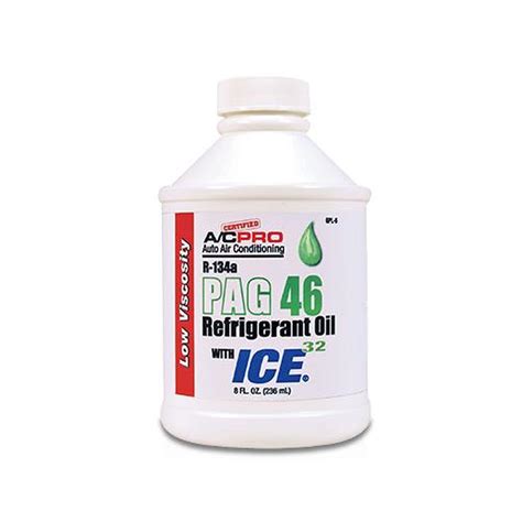 This product contains approximately 8 fluid ounces of PAG refrigerant oil with ICE32. Low viscosity PAG oil for R-134a auto A/C systems; ISO 46 viscosity. R-134a PAG 46 AC Oil Lubricant: with ICE 32 Lubricant Enhancer features advanced chemistry to help extend compressor life and improve cooling capacity. The PAG oil helps quiet noisy compressors.