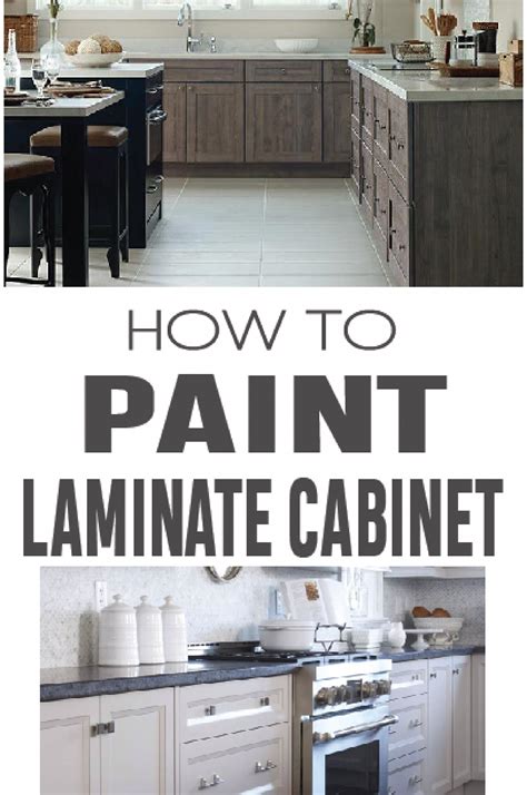Painting laminate cabinets. Let dry. Clean painting tools. STEP 6 Pour paint into tray. Use brush to cut in around edges and roller to fill body of surfaces. Let dry. STEP 7 Repeat Step 6 for second coat. Let dry. Remove painter’s tape, if used. STEP 8 Refit old handles using screwdriver. 
