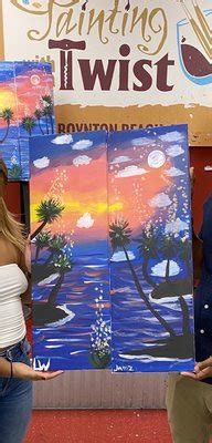 Painting and wine party on 7/30/2023 at our Boynton Beach, FL Painting with a Twist. Come and paint Harry's Paint Your Pet with us! Skip to Content. Studio Home Boynton Beach, FL; Events; Studio Home Boynton ... 2288 N Congress Ave. Boynton Beach, FL 33426. 16x20 Canvas . $60. Book now. About This Event. Try something NEW and create your own .... 