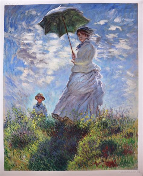 Painting woman with parasol. Renoir’s model for this painting was likely Camille Monet, wife of his fellow Impressionist Claude Monet; Renoir painted her on several occasions between 1874 and 1876. Here she sits on a hillside, her white dress dappled with pink and blue in the shade. 