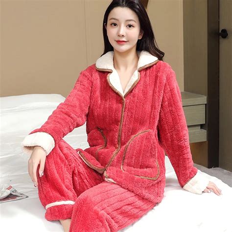 Pajama Sets Woman Fluffy-Pijama Suit W/ Pants Thick Warm Fleece …