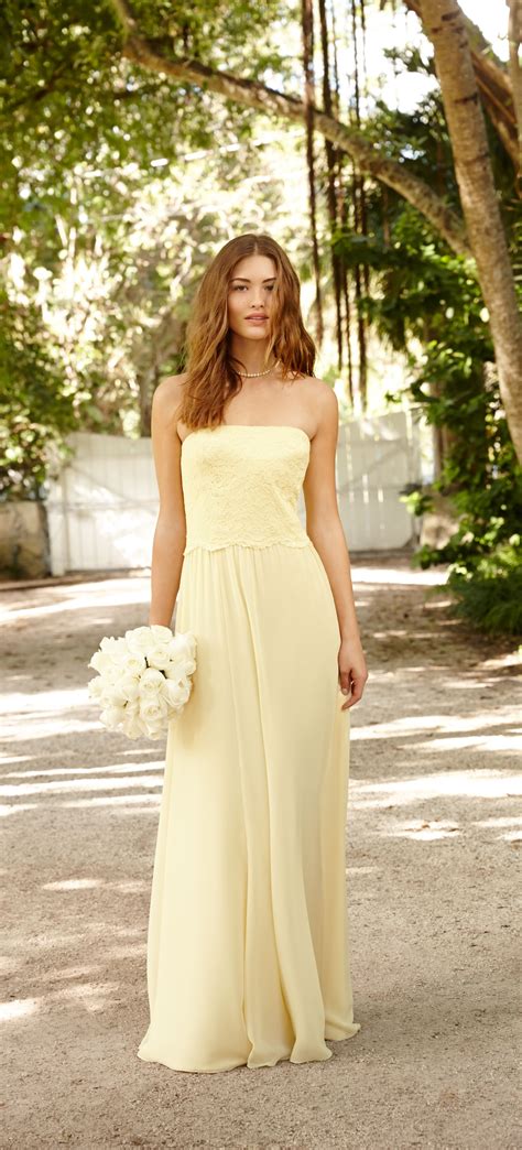 Pale yellow bridesmaid dresses. Shop our stunning collection of pale yellow ready-to-ship bridesmaid dresses in a wide range of colors, sizes and styles. You'll be sure to find a bridesmaids dress you'll love! Accessibility Locations Sizing & Fit. Our New York Showroom is open. SIGN UP / IN. Search. Showroom. my bag. 0. 