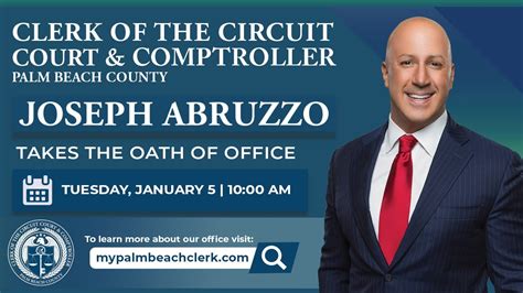 Palm county clerk of courts. Meet Joseph Abruzzo. Joseph Abruzzo is the Clerk of the Circuit Court & Comptroller for Palm Beach County, and proudly serves as the county’s protector of public records and taxpayer money. He was elected in November 2020, and sworn into office on January 5, 2021. 